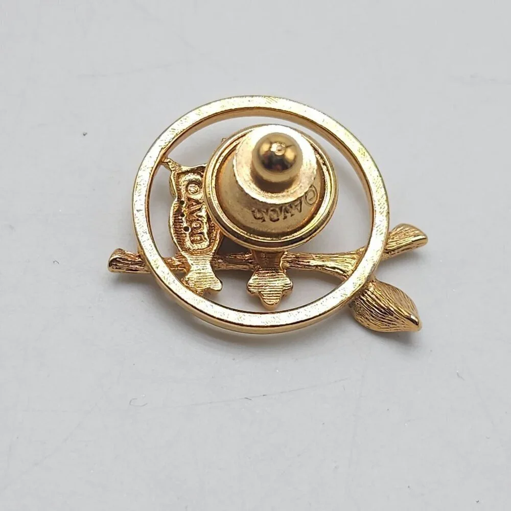 Vintage 1970s Avon Gold Tone Owl Tie Tac Pin Brooch With Branch Design